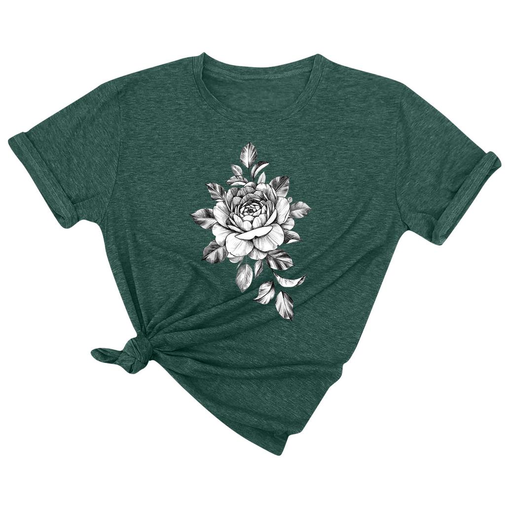 Women's Fashion Solid Color Round Neck Floral Print Pullover Casual T-Shirt