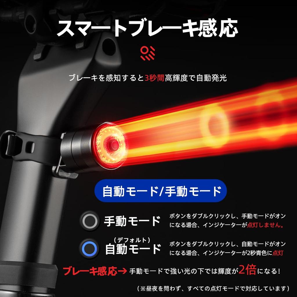 ROCKBROS Bicycle Tail Smart 5 Lighting Tail Brightness Battery Level Aluminum IPX6 Easy for Road Cross and Cycling Light, Auto-On, Brake-Sensing,