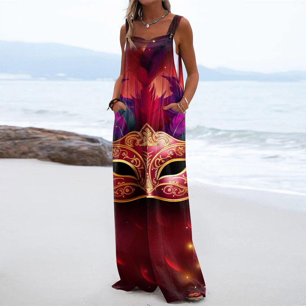 Wide Leg Overalls For Women Casual Loose Sleeveless Print Button Long Pant Romper Jumpsuit With Pockets