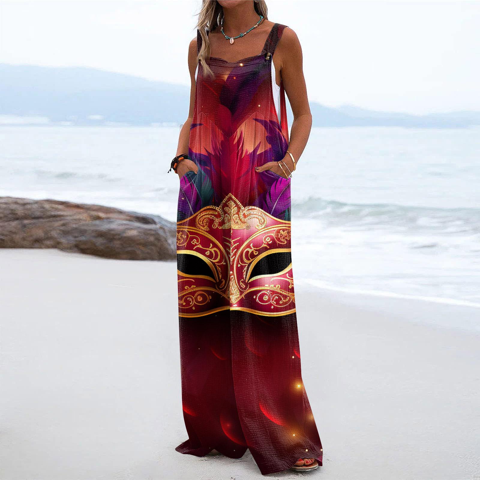 

Широкий комбинезон для женщин, повседневный свободный комбинезон без рукавов с принтом и пуговицами, длинные брюки, комбинезон с карманами XL винный