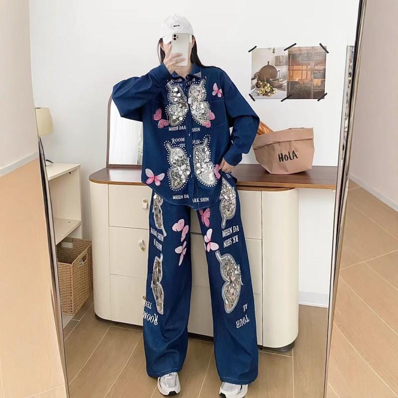 2026 Womens Vintage Denim Set Loose Jacket Wide Leg Pants Streetwear