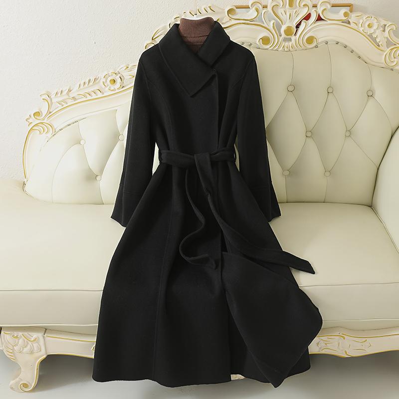 Belt temperament long wool double-sided nylon coat