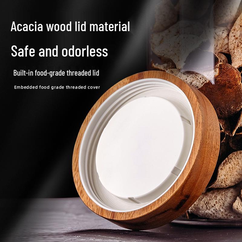 Large Glass Storage Jar with Acacia Wood Lid for Dried Tangerine Peel, Tea, Grains, and Pickling.