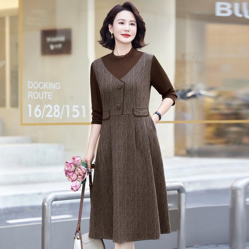 

Весна 2025 г.: Приталенное платье-двойка для женщин среднего и пожилого возраста 5XL: 140-150 jins кофейный