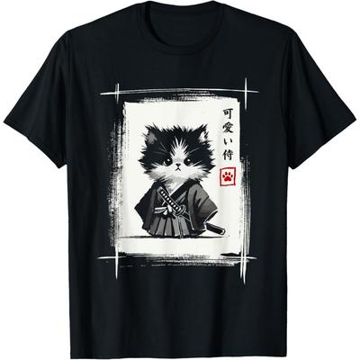 Camiseta Novedad Kawaii Divertida Gato Samurai Arte Japonés Sumi-e