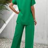 Casual Solid Suit Women Fashion Round Neck Short Sleeve Irregular Split Top Elastic Waist Trousers Two Piece Set