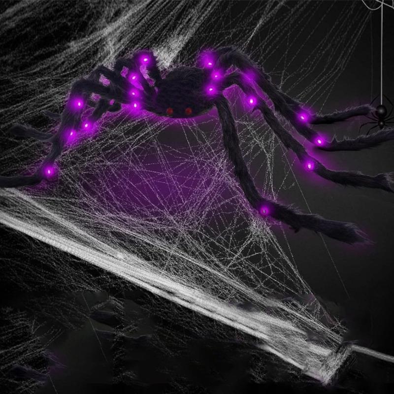 Halloween Spiders Decoration Simulation Glow Plush Black Spider Hanging Web Spider Outdoor Bar Haunted House Prank Scary Set New