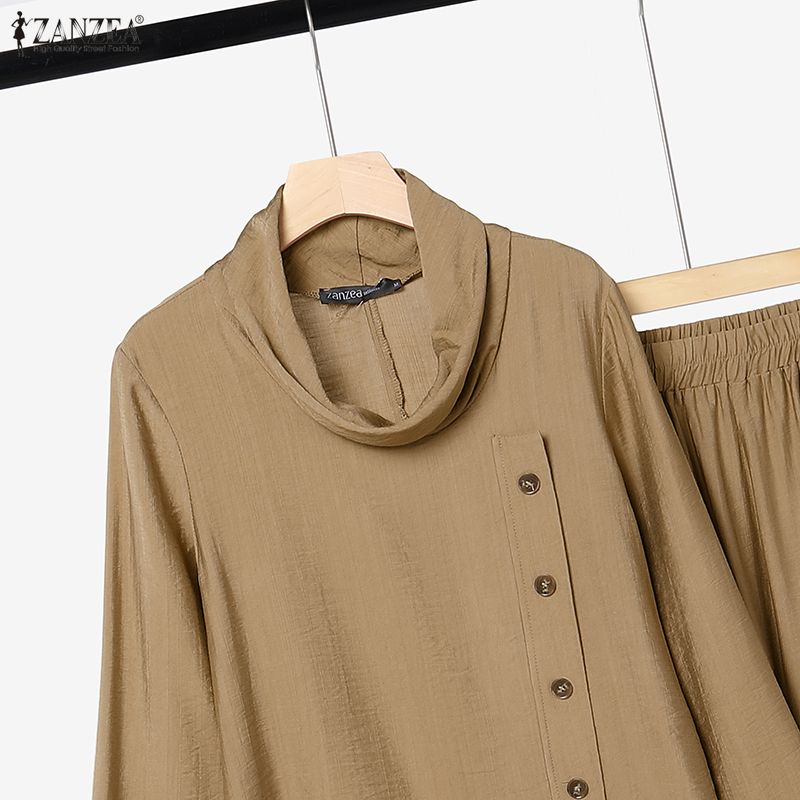 ZANZEA Womens Vintage 2PCS Sets Cowl Neck Blouse and Wide Leg Trousers Casual Loose Suit Autumn Spring Outfits