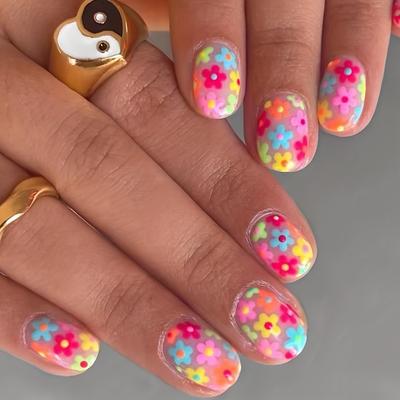 24pcs Cute Press On Nails Short Oval, Color Flower Fake Nails With Designs, Glossy Full Cover Graffiti False Nails For Women And Girls for Easter