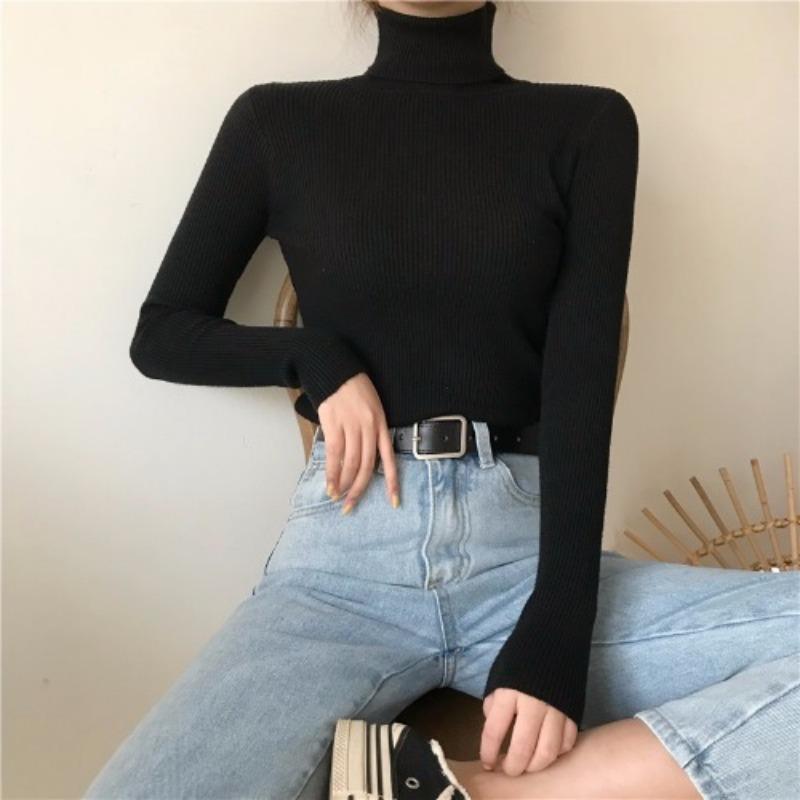 Women's Autumn Winter Long Sleeve High Neck Knit Base Layer Slim-Fit Solid Color Pullover Tight-Fitting Top