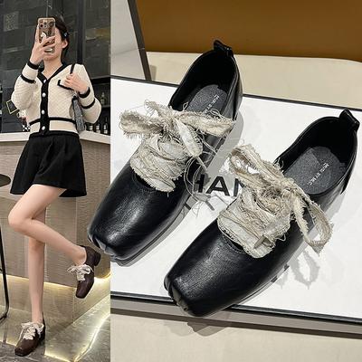 Thick Heel Square Head Black Lace-up Small Leather Shoes Single Shoes Women's Shoes 2025 New Spring and Autumn Retro Casual Loafers