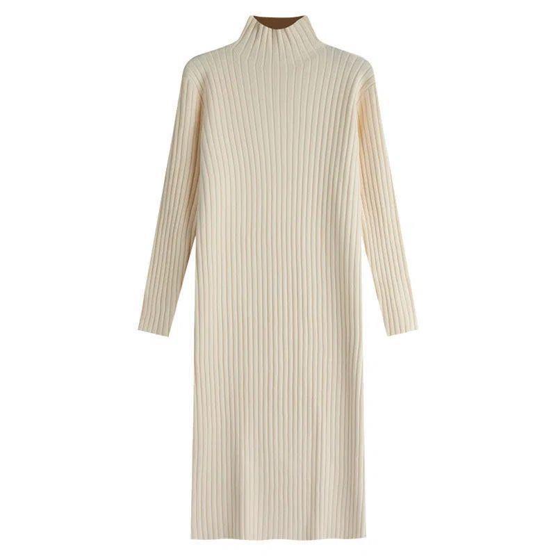 2025 Autumn/Winter Plus Size Over-the-Knee Knit Dress - Solid Color, Versatile Style