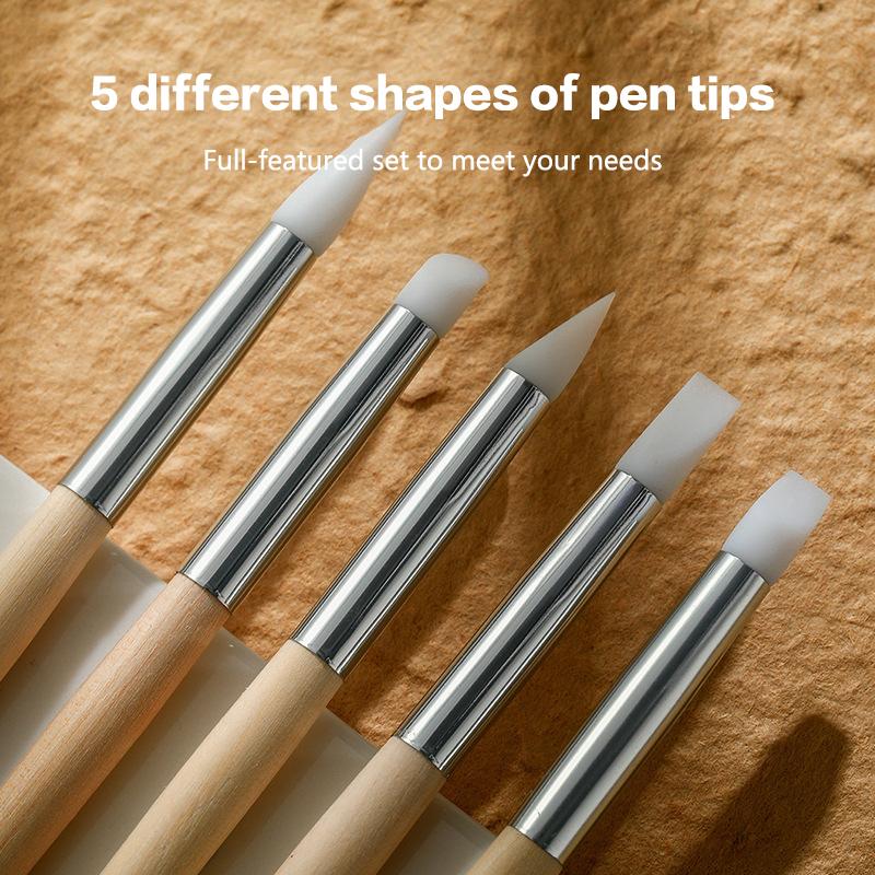 5Pcs/Set Silicone Wooden Handle Nail Art Pen Brush Uv Gel Polish Tip 3D Image Diy Dotting Polish Brushes Diy Sculpture Pen