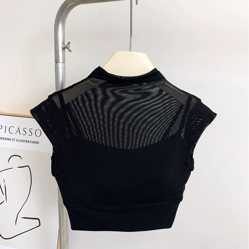 

Yoga Clothes Suit Women s 2025 Summer New Arrival Sports Short Sleeve Temperament Mesh Pilates Workout Top with Chest Pad Black XL