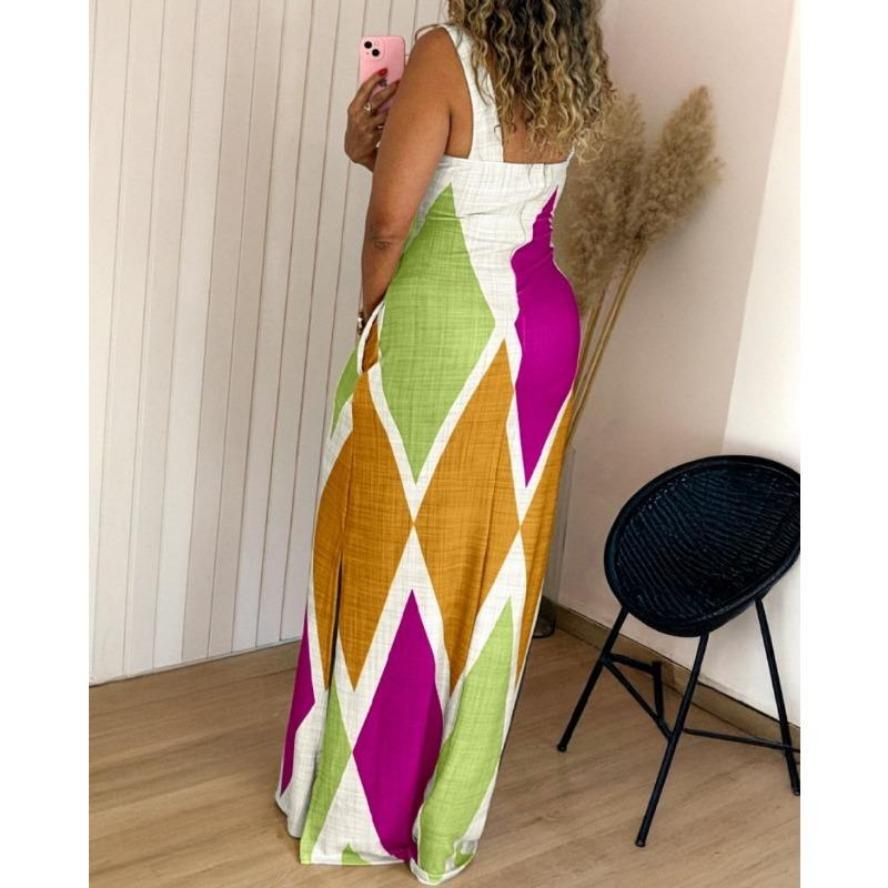 YYFS Women's Fashion Summer Spring Colour Block Print Sleeveless Square Collar High Waist Casual Dresses