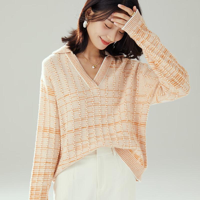 

TUHUANG Women s Thick Pure Wool V-Neck Color-Block Knit Pullover XL