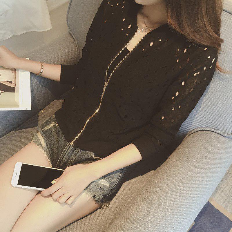 Korean Stylish Thin Long Sleeve Lace Hollow Out Jackets for Female Anti-UV Short Outwear White Bomber Women Clothing
