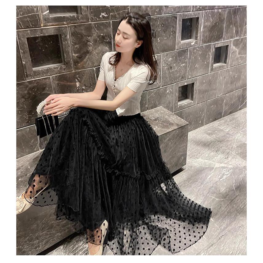 Qooth Women A-line Skirt Wide Hem Polka Dot Chiffon Mid Length Elastic Waist Casual Skirt QT2632