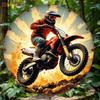 D Flat Inch Circular Aluminum Wall Sign  Single Piece Motocross Biker on a Dirt Bike with Flames And Dust Perfect