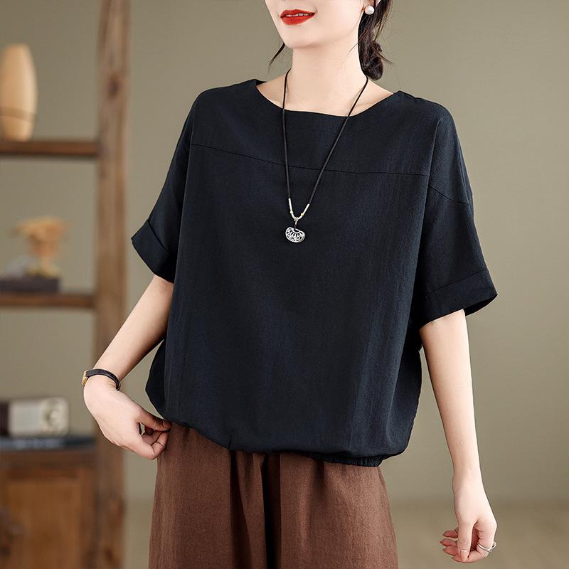 

Women s Summer Loose-Fit Solid Color Round Neck T-Shirt M чёрный