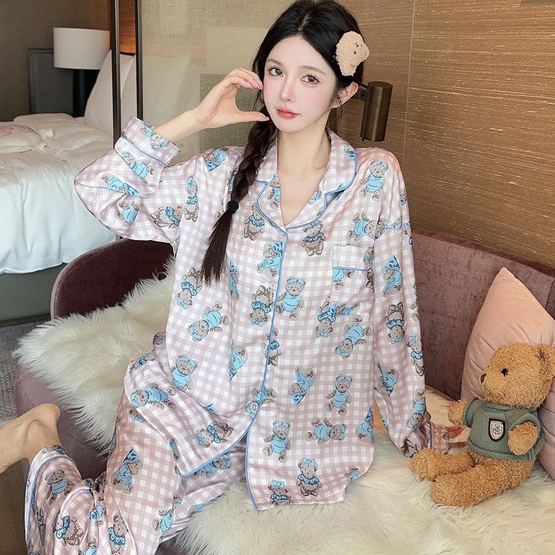 Ice Silk Pajamas Women'S Spring And Autumn Thin Bear Print Long-Sleeved Cute Loungewear Suit Outer Wear