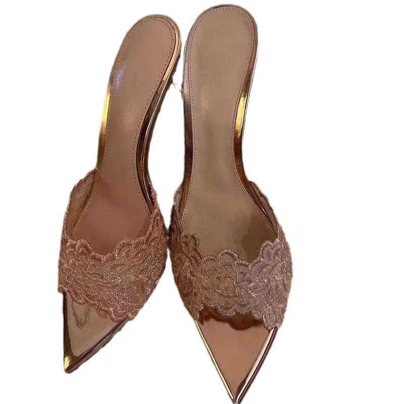 2025 new embroidered stiletto slippers champagne gold embroidered high heels sexy pointed banquet high heels women