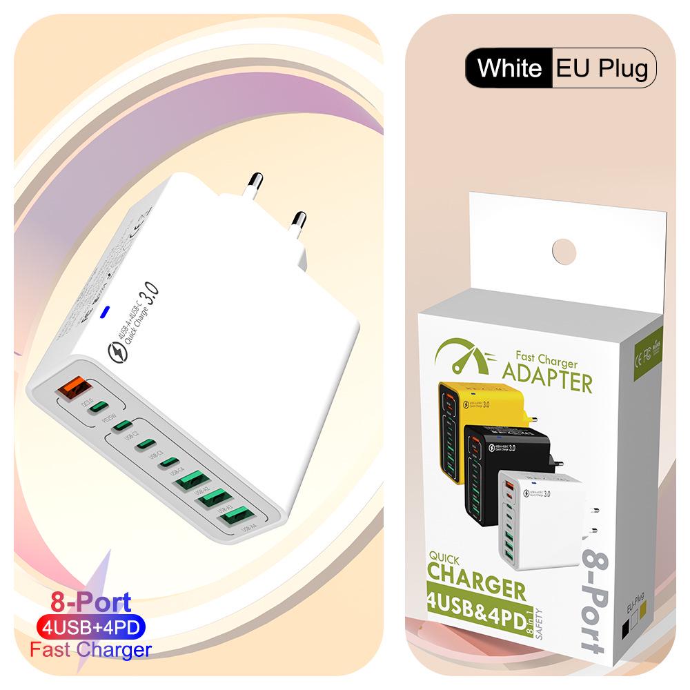 Fast 8-Port Charger: 4 USB, 4 PD, 55W, QC3.0 – Compatible with European, American, Korean Standards