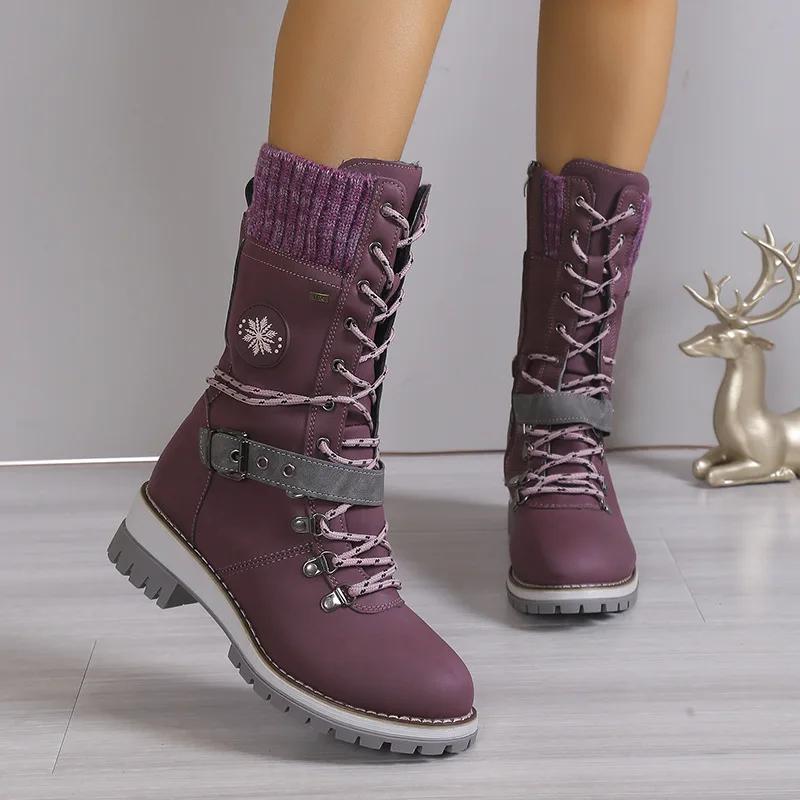 Women Winter Boots Buckle Lace Lady Mid-calf Boots Low Heel Round Toe Quality Warm Shoes Botas De Mujer