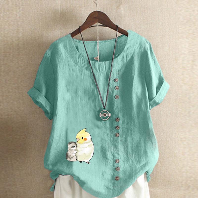 Women's Fashion Cat Parrot Prined Round Neck Short Sleeve T-shirt Casual Cotton Linen Graphic Shirt Leisure Loose Summer Blouse Tops Plus Size