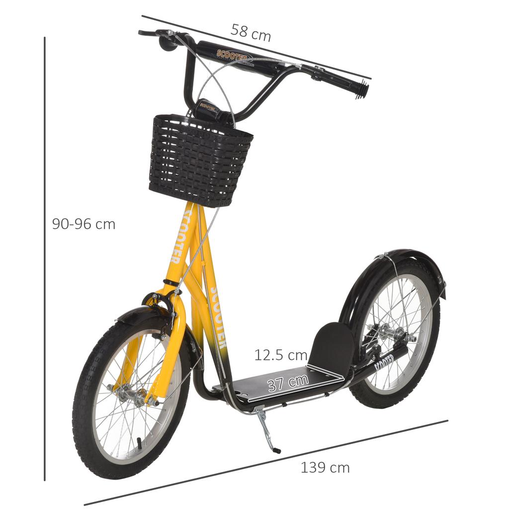 Kids Scooter, Kick Stunt Scooter with Adjustable Handlebar, Dual Brakes, Basket, Cupholder, Mudguard, 16" Inflatable Rubber Wheels, for 5-12 years