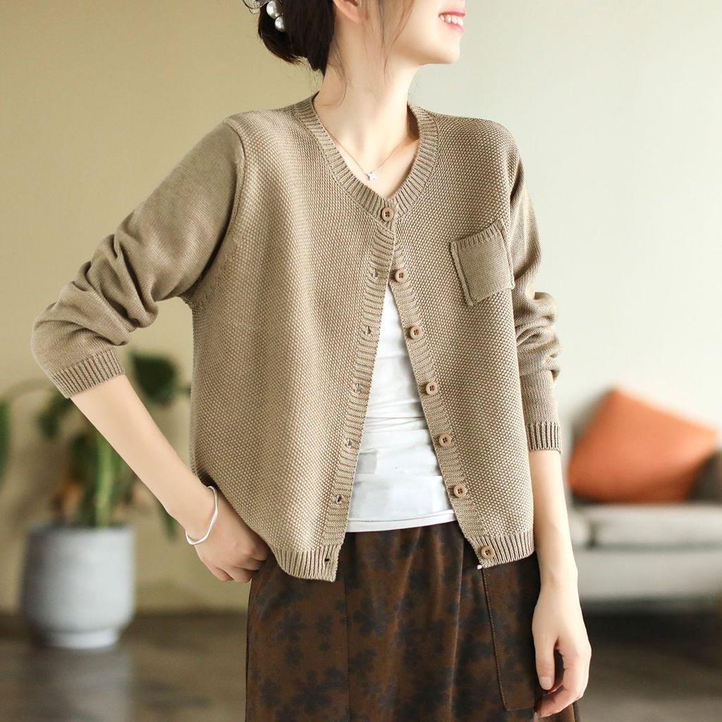 Women's Retro Knit Cotton Cardigan: Round Neck, Long Sleeve, Autumn Casual Short Sweater.