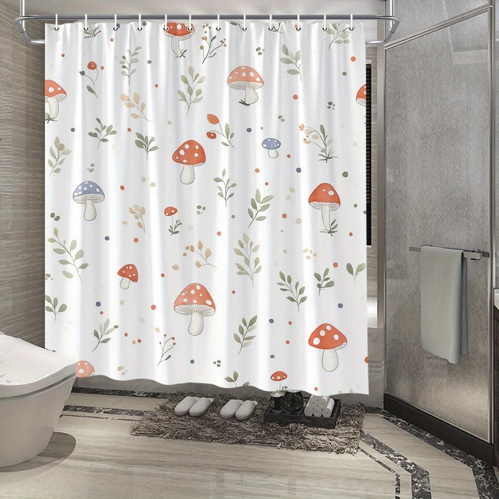 Whimsical Mushroom & Plant Shower Curtain - Watercolor Nature Design, White Background, Machine Washable, Bathroom Decor