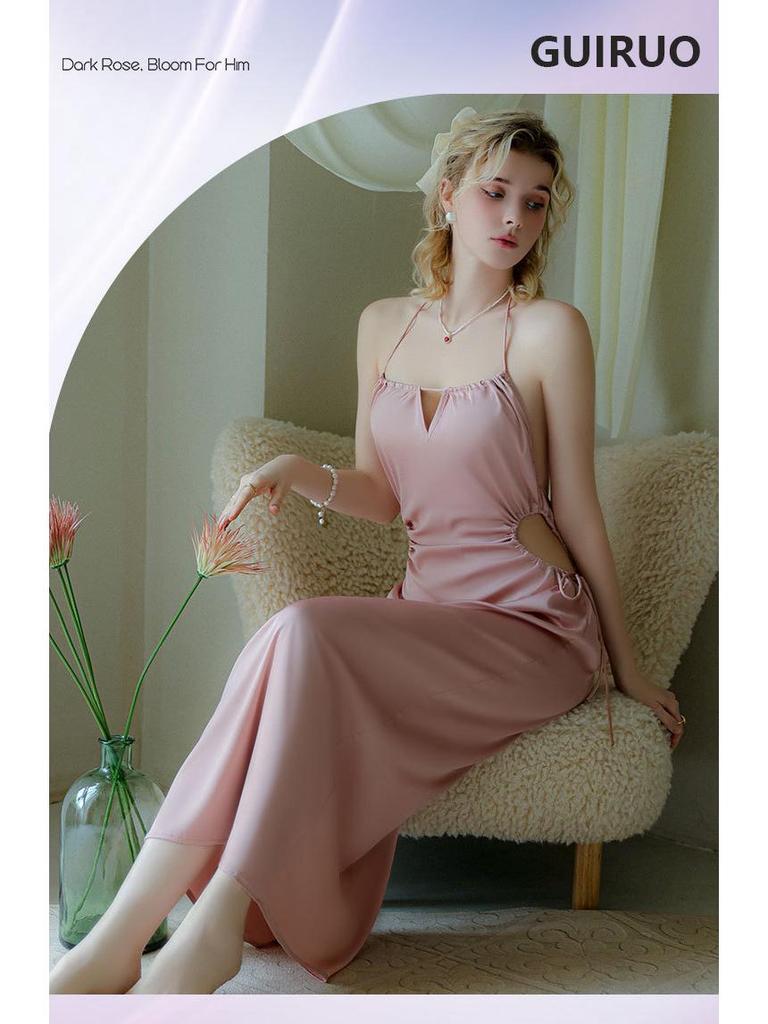 Guiruo Ice Silk Backless Nightdress – Sexy Halterneck Solid Color Pajamas for Spring and Summer (Q2750)