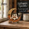 Waterproof Solid Wood Ornaments Halloween Retro Pumpkin Witch Cat Ghost Figurines with Crescent Base, Spooky Vintage Fall Holiday Party Supplies