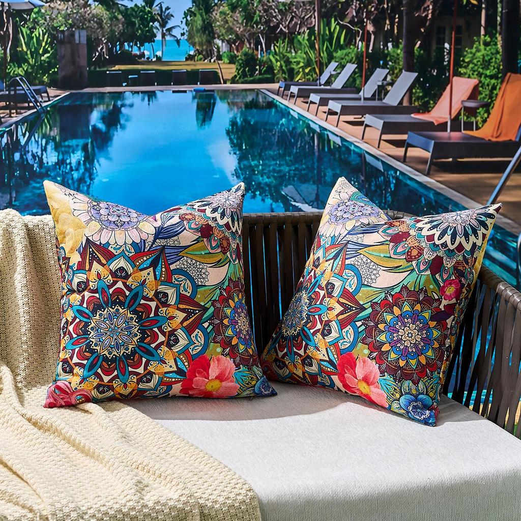 2 Pack Multicolor Boho Mandala Pillow Covers Double Sided Print Floral Ethnic Outdoor Cushion Cases Home Decor
