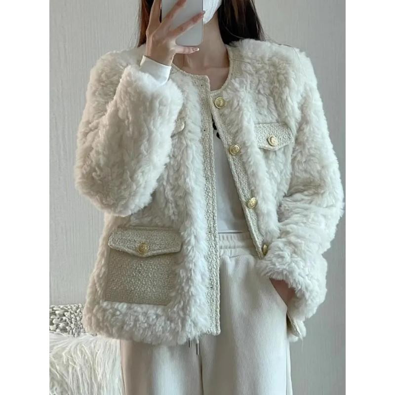 Winter Woman Fluffy Lamb's Fur Coat Warm Faux Fur Coat Collar Short Outerwear Coat Cowl Button Korean Fur Jackets New