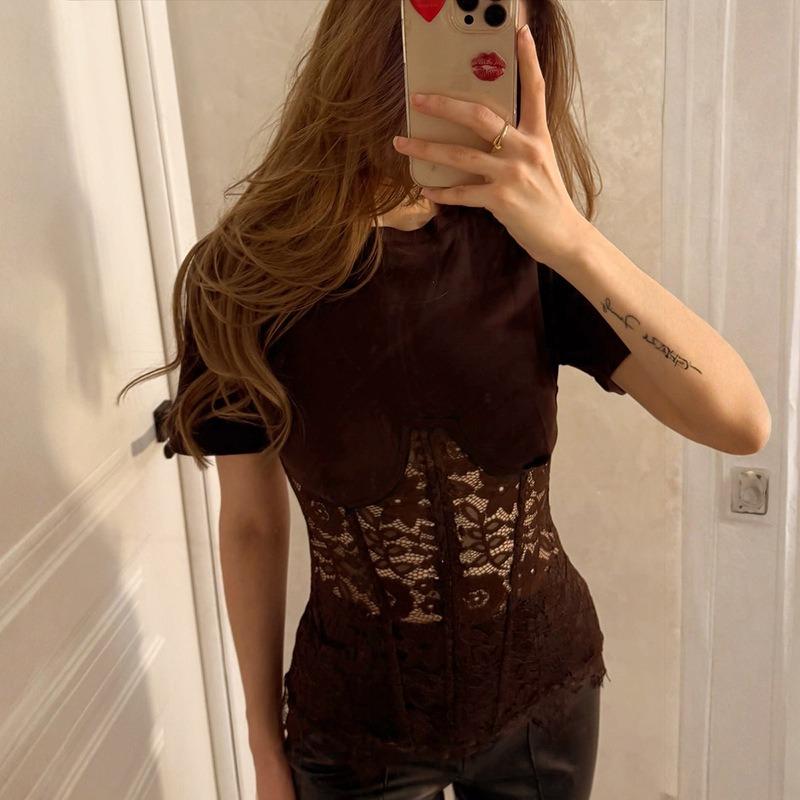 Nuovo Top Corto Estivo da Donna Sexy con Scollo Rotondo, Pizzo Trasparente e Inserti