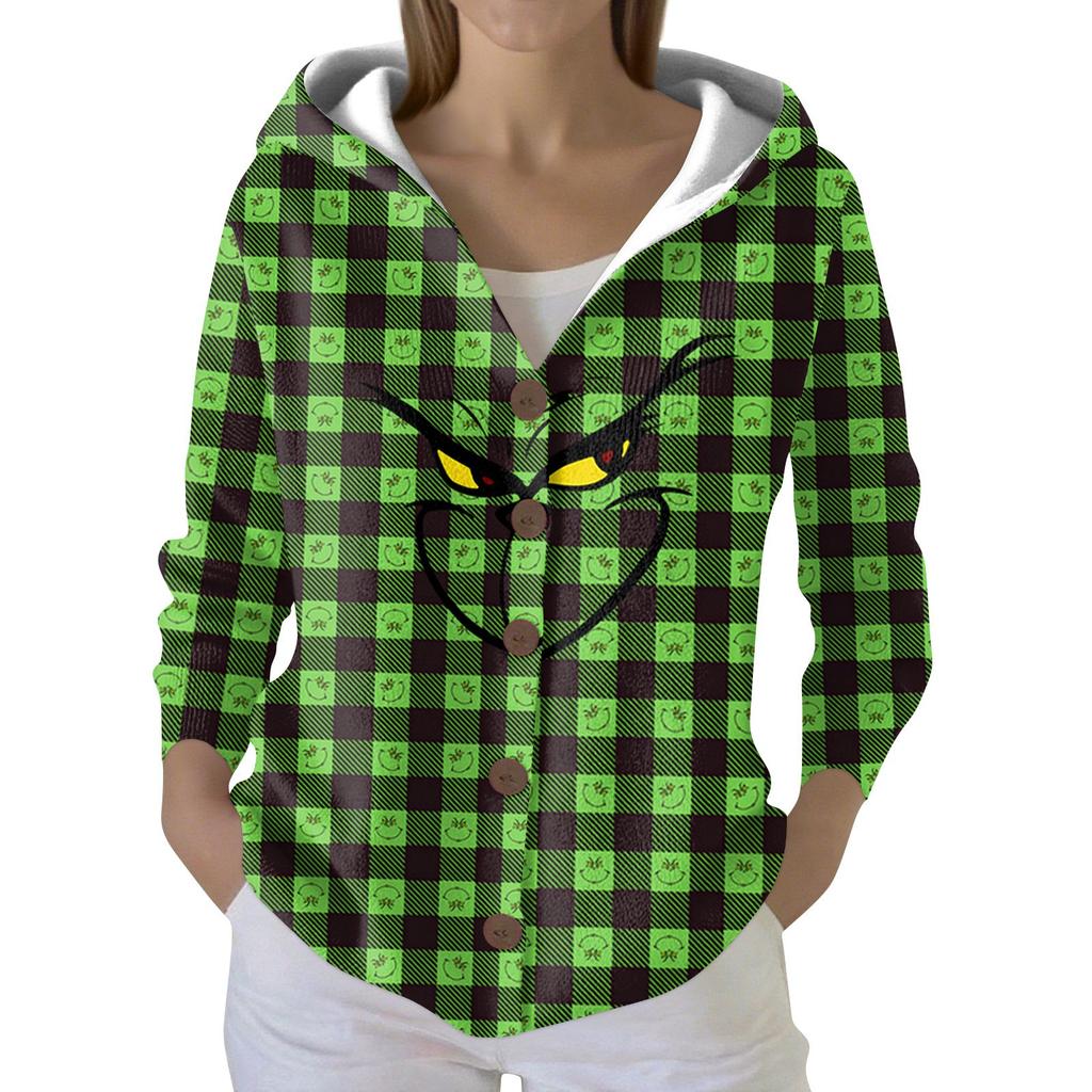 Women's Fashion Casual Sweater Button-Up Print Cardigan  Hooded Jacket