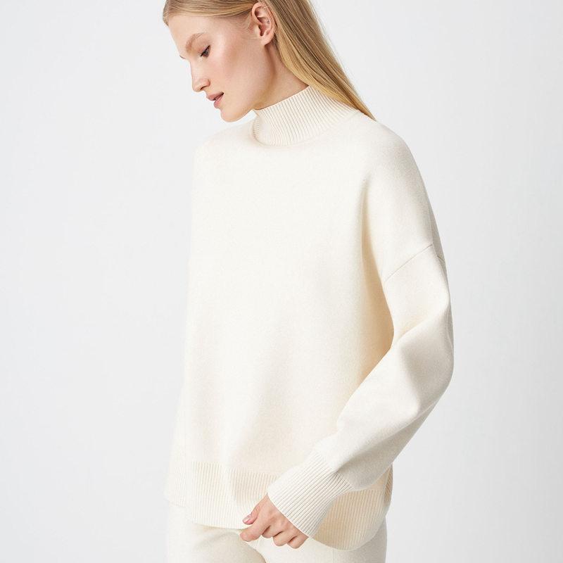 Women Autumn Winter Long Sleeve Half High Collar Solid Color Sweater Set Loose Fit Casual Two Piece Suits