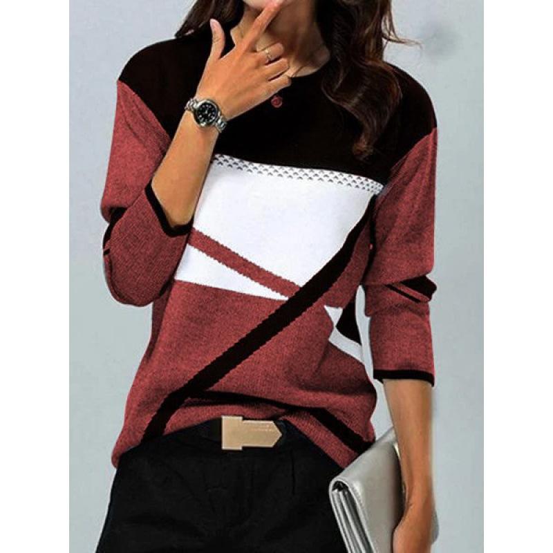 Women‘s Round Neck Long Sleeve Loose Fit T-Shirt Colorblock Print Plus Top