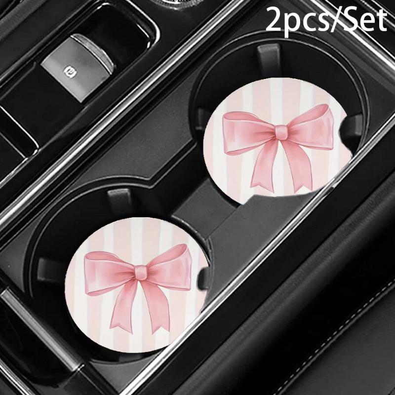 

NonSlip Car Cup Mat Pink Bow Print Universal Coasters Set for Cute Vehicle Interior Styling