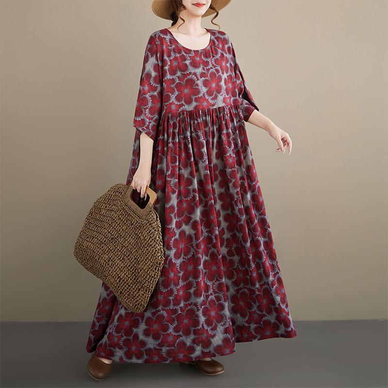 DIMANAF New 2026 Summer Beach Women Plus Size Vintage Lady Long Dress Red Loose Oversize Maxi Floral Print Cotton