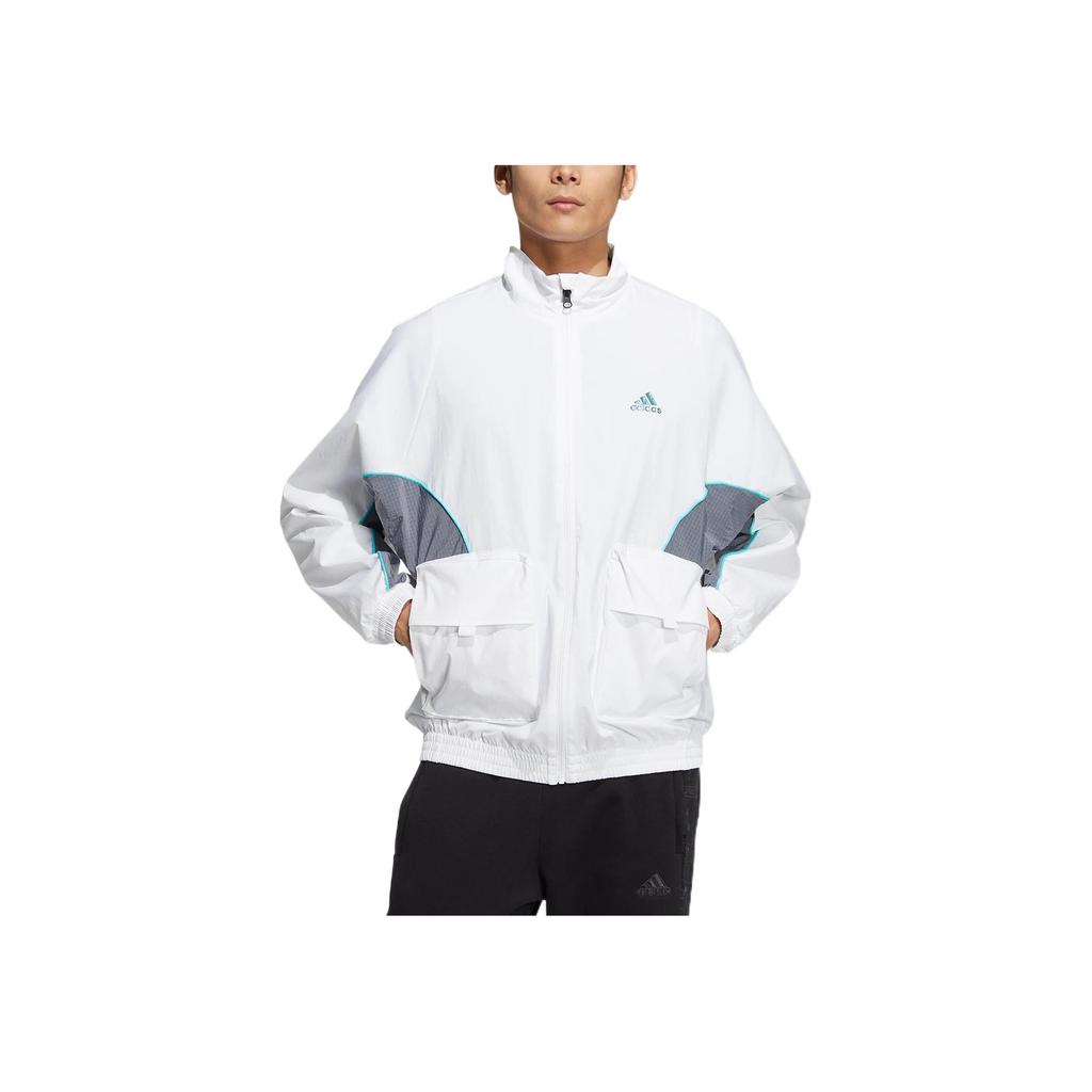 Adidas Logo Print Patchwork Stand Collar Zip Jacket Men Outerwear White HM5146