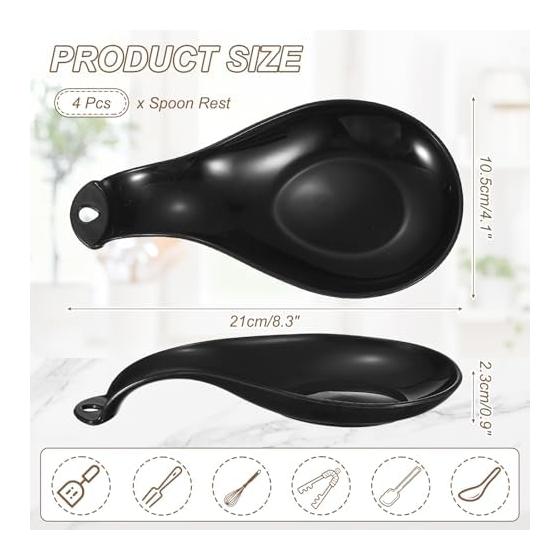 uxcell 4pcs Heat Resistant Plastic Spoon Rest for Kitchen Counter, Utensil Holder for Ladle and Spoon, Black, 21x10.5cm
