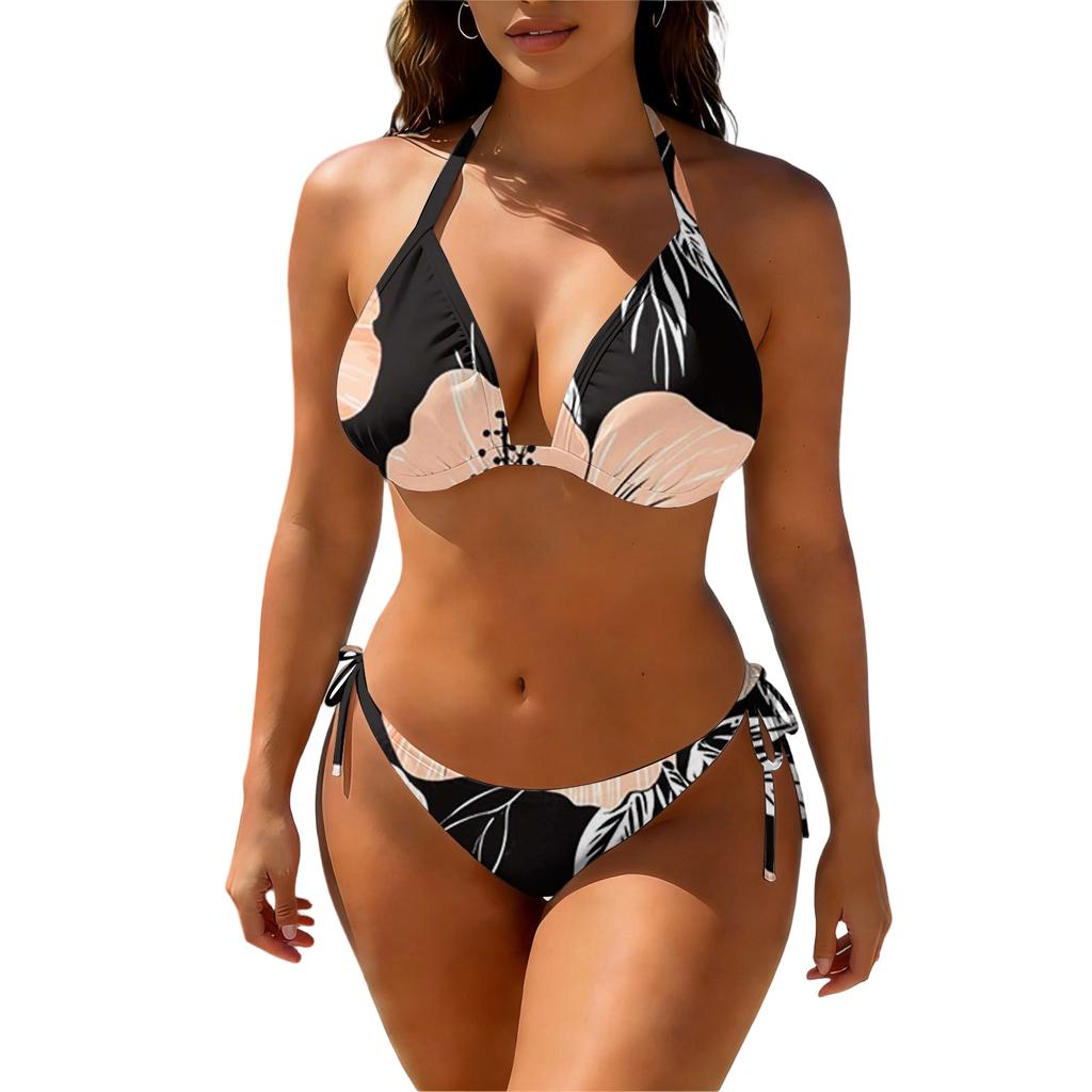 Women Bikini Set Two Piece Swimsuit with Adjustable Top and Side Tie Bottoms Leaf Print Design Swimwear