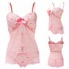 [LittleForBig] Women's 2-Piece Lingerie Set [Rabbit Moon Print] Sleepwear with Lace Hem and Front Opening, Straps, and V-Neck Underwear, Size M