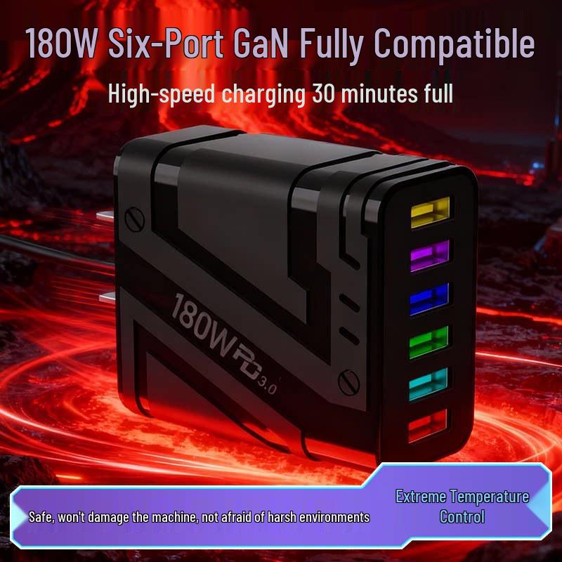 180W GaN Fast Charger with PD3.0, QC3.0, Super Flash Charge, 6-Port USB, Auto Disconnect