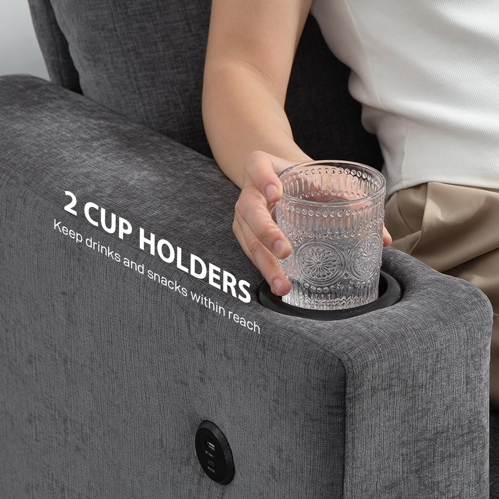 3 Seater Sofa with USB Ports & Cup Holders - Grey