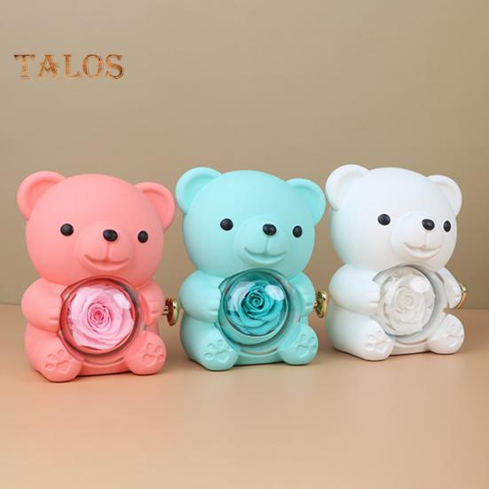 Preserved Rose Hug Bear Gift Box with Handbag Eternal Flower Rotating Bear Jewelry Holder for Women Valentine's Day Anniversary