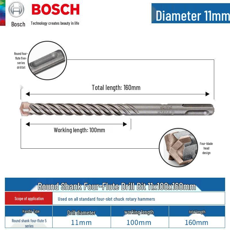 Bosch 5-Series Electric Hammer Drill Bit, Four-Groove, Cross Wall-Penetrating, Extended Length, Round Shank for Concrete.